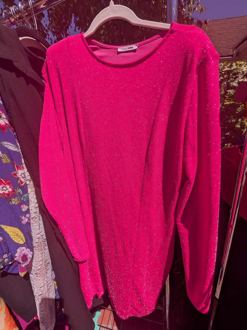 Fashion Nova Hot Pink Sparkle Long-Sleeve Top